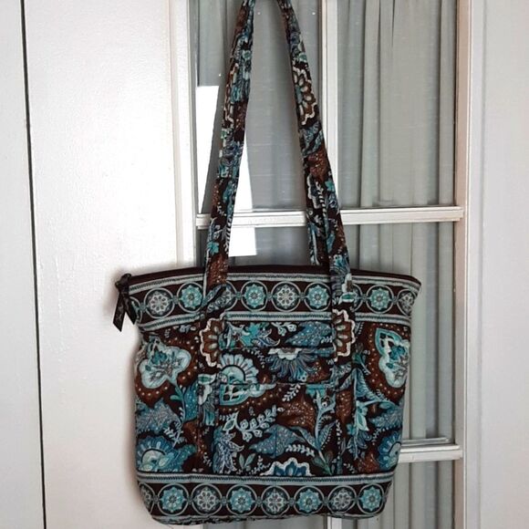 VERA BRADLEY Ocean‎ Blue  & Brown Flower Print Tote Hand Bag 31 Handles - Picture 1 of 12